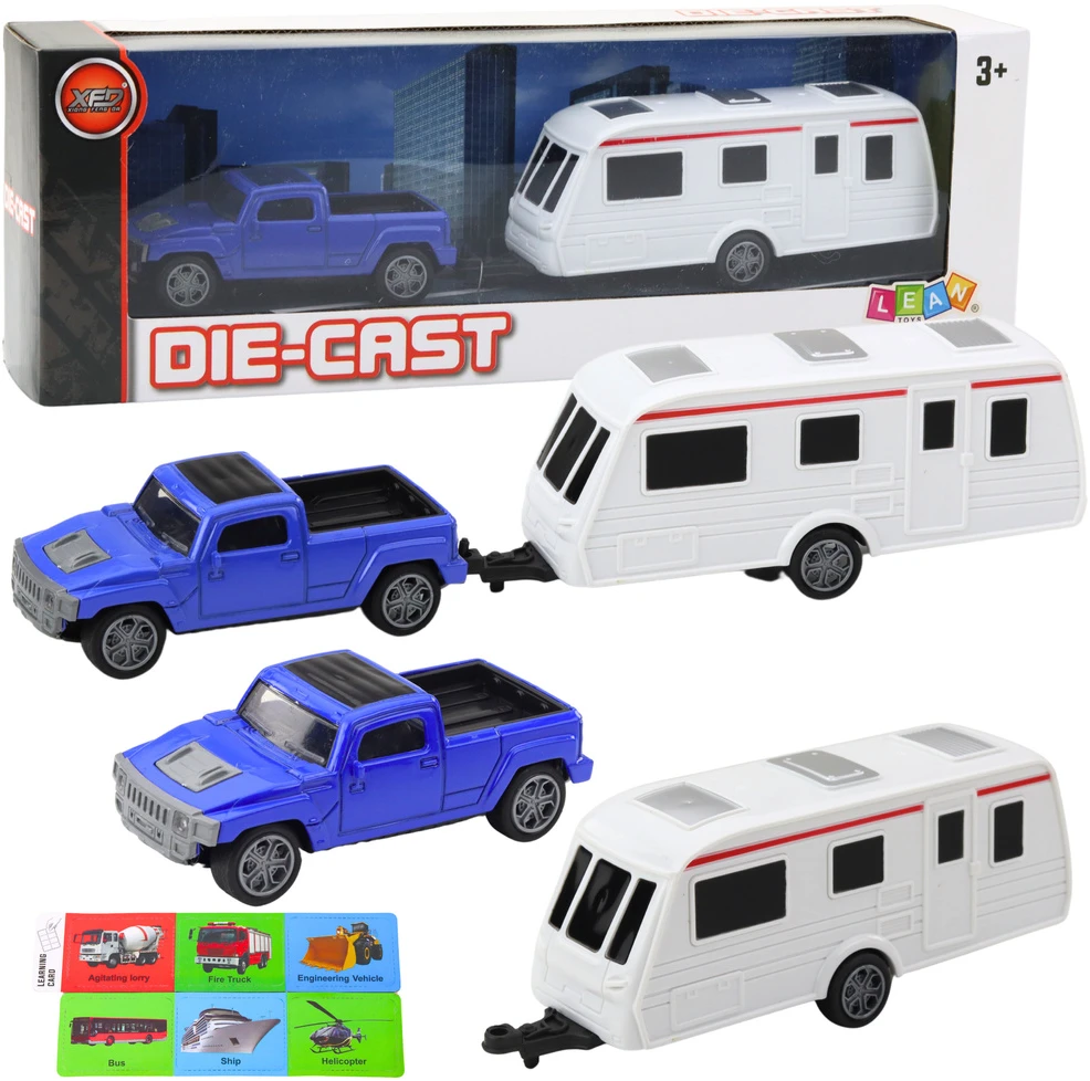 Lean Toys Mėlynas automobilio ir kemperio priekabos metalinis rinkinys
