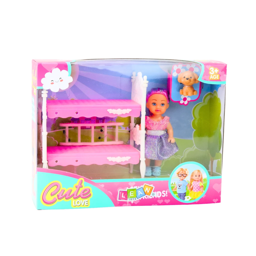 Lean Toys Lėlė su dviaukšte lova ir šuneliu