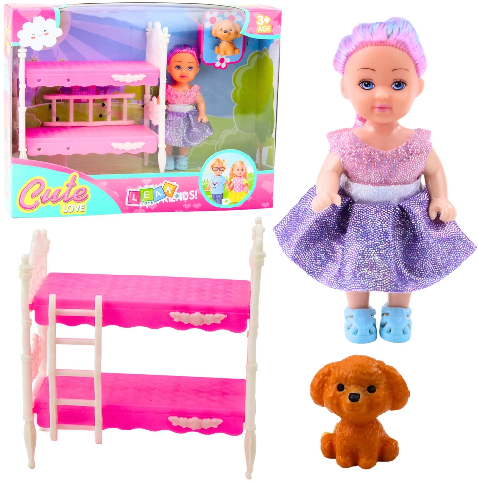 Lean Toys Lėlė su dviaukšte lova ir šuneliu