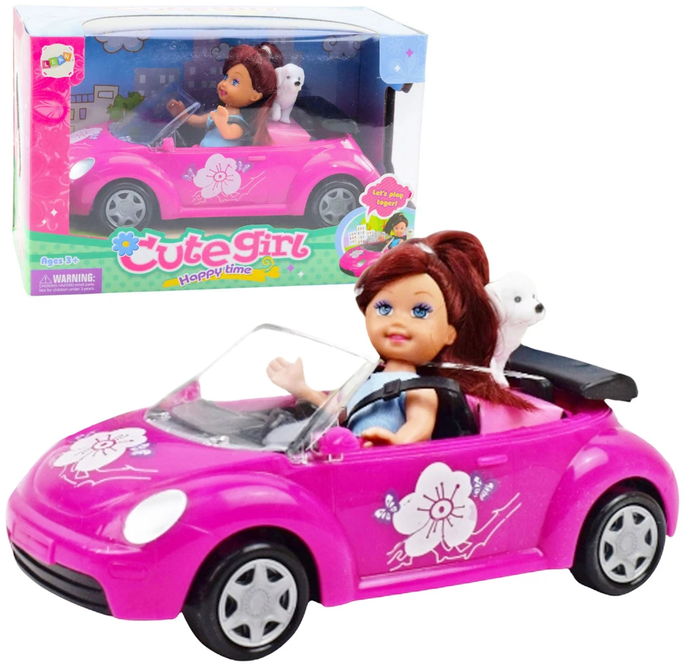 Lean Toys Lėlė rožiniame konvertuojamame automobilyje su šuniuku