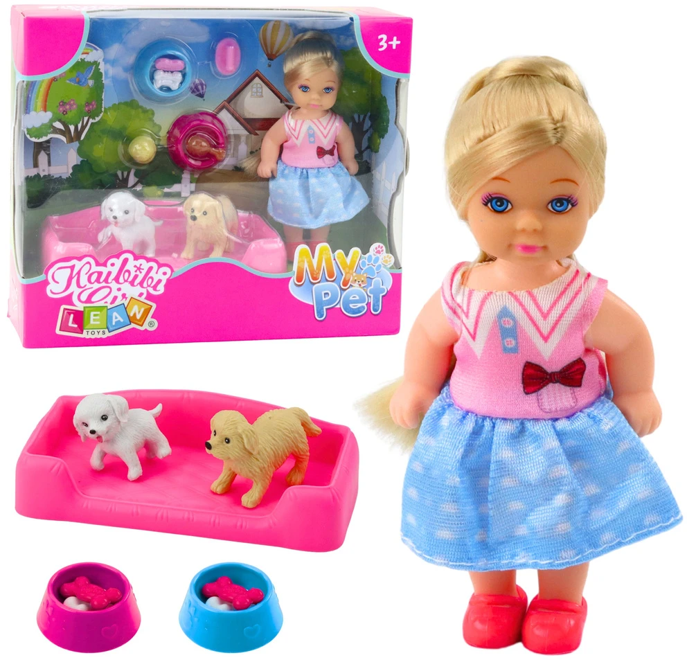 Lean Toys Lėlės ir Šuniukų Rinkinys su Lova ir Dubenėliais