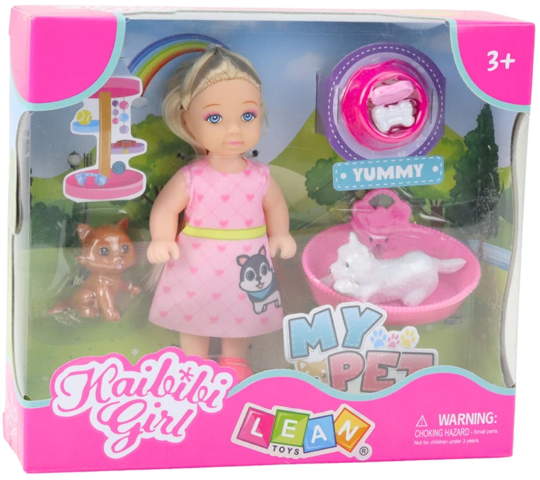 Lean Toys Žaislų rinkinys su lėle, šunimi ir kačiuku, 12 cm