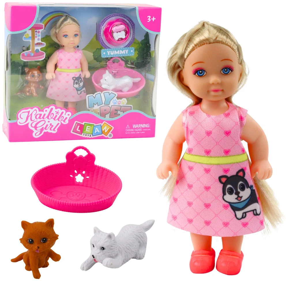 Lean Toys Žaislų rinkinys su lėle, šunimi ir kačiuku, 12 cm