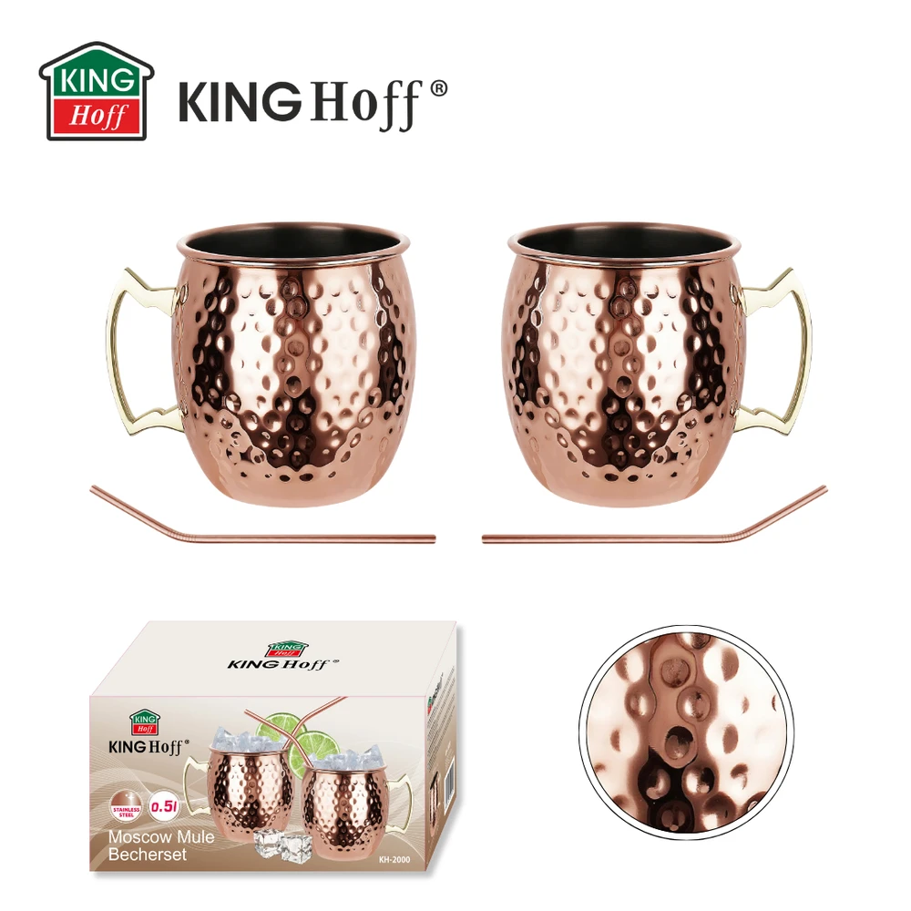 Zestaw Rinkinys „Moscow Mule“ puodelių rinkinys, 2 × 500 ml, 2 šiaudeliai, „Kinghoff“