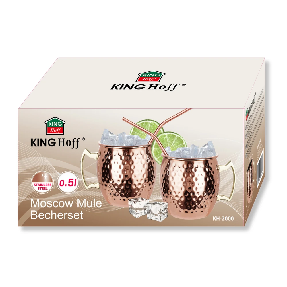 Zestaw Rinkinys „Moscow Mule“ puodelių rinkinys, 2 × 500 ml, 2 šiaudeliai, „Kinghoff“