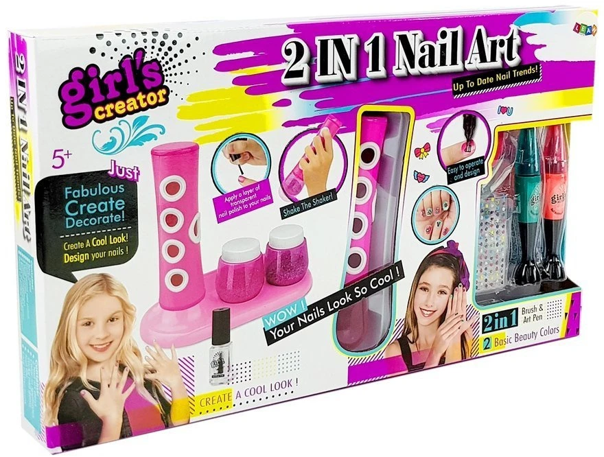 Lean Toys Nagų lakavimo rinkinys mergaitėms – su blizgučių dozatoriumi ir spalvingais lipdukais