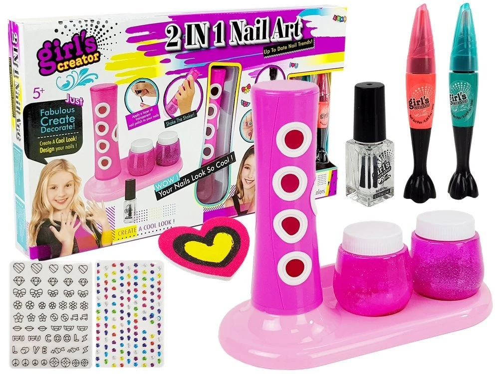 Lean Toys Nagų lakavimo rinkinys mergaitėms – su blizgučių dozatoriumi ir spalvingais lipdukais