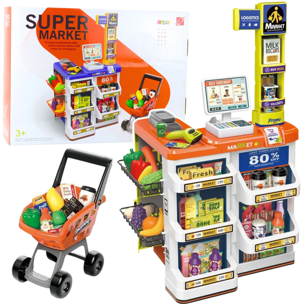 Lean Toys Vaikų parduotuvės žaidimų rinkinys su kasa ir vežimėliu