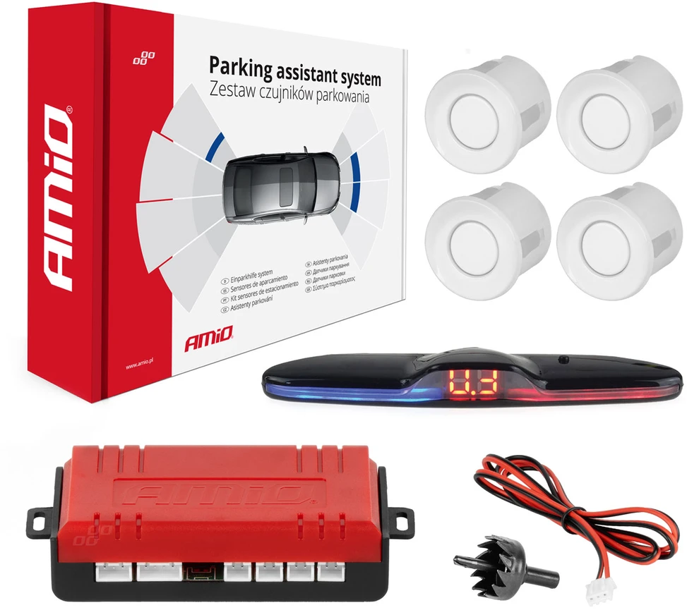 Parkavimo pagalbos sistema MAX LED, 4 balti jutikliai 22 mm AMIO-02289