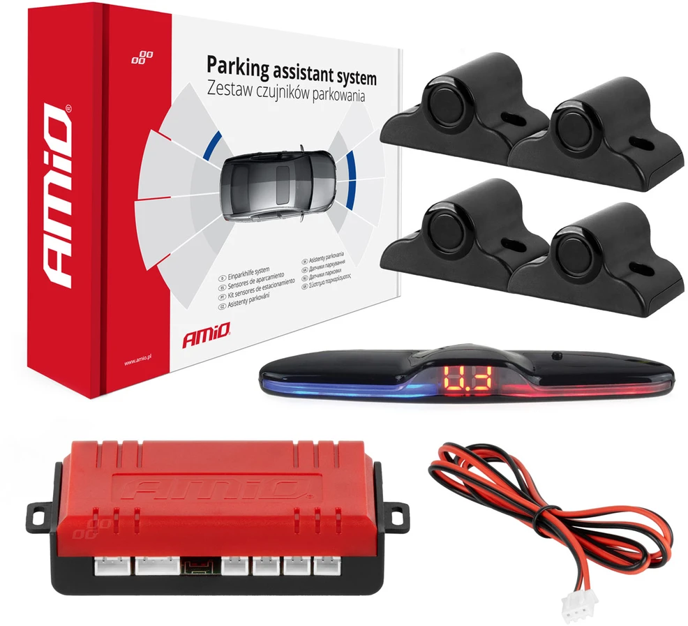 Parkavimo pagalbos sistema MAX LED, 4 juodi jutikliai 19 mm, sunkvežimiams AMIO-02292