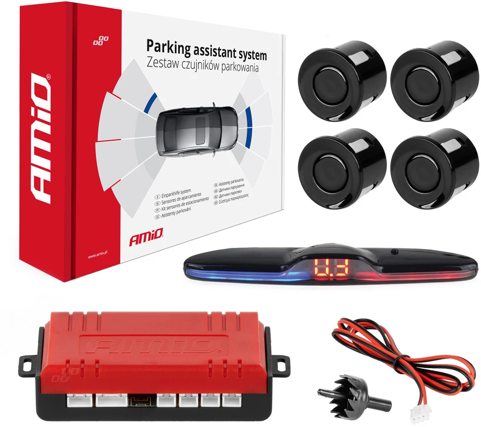 Parkavimo pagalbos sistema MAX LED, 4 juodi jutikliai 22 mm AMIO-02287