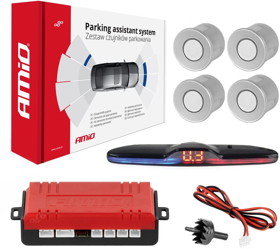 Parkavimo pagalbos sistema MAX LED, 4 sidabro spalvos jutikliai 22 mm AMIO-02288