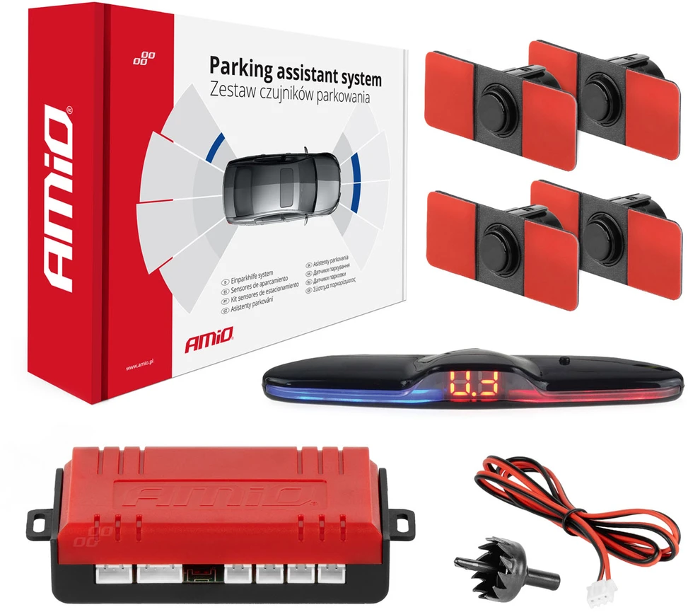Parkavimo pagalbos sistema MAX LED, 4 juodi jutikliai, vidinis montavimas 16,5 mm AMIO-02291