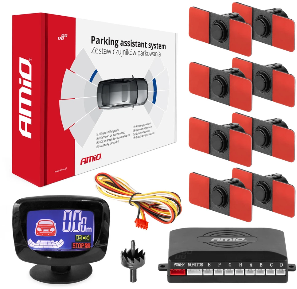 Parkavimo pagalbos sistema LED-GRAF, 8 juodi jutikliai 16,5 mm, vidinis montavimas AMIO-02258