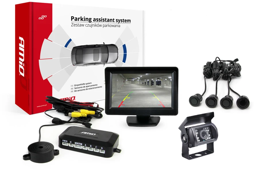 Amio Parkavimo pagalbos sistema TFT01 4,3" su HD-501-IR kamera, 4 juodi jutikliai GOLD