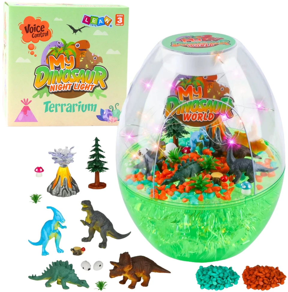 Lean Toys Vaikiška Dinozaurų Terariumo Naktinė Lempa su Balso Kontrole