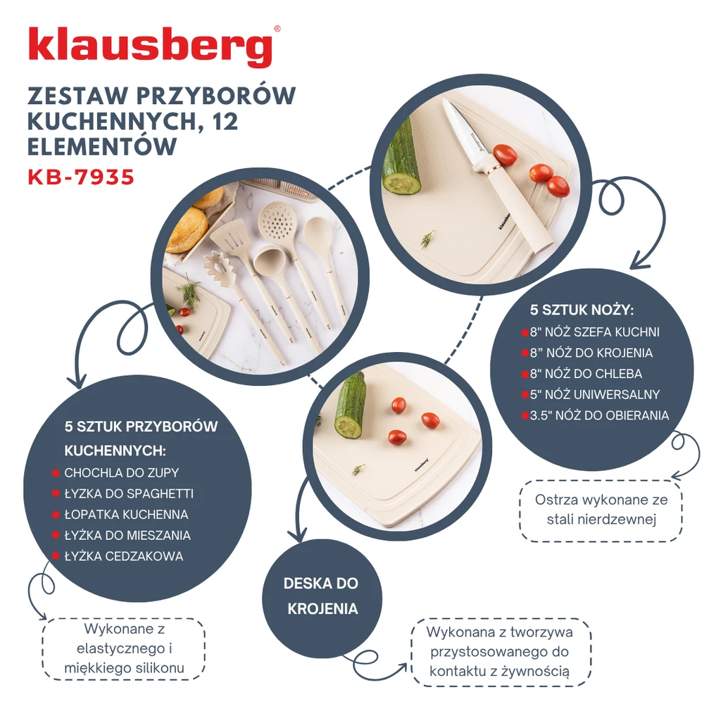Kaitlentė Rinkinys Peilių ir virtuvės įrankių rinkinys su lenta, 12 dalių, smėlio spalvos, Klausberg, kb-7935