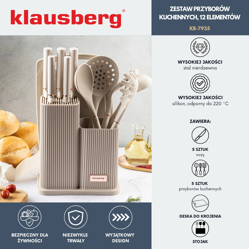 Kaitlentė Rinkinys Peilių ir virtuvės įrankių rinkinys su lenta, 12 dalių, smėlio spalvos, Klausberg, kb-7935