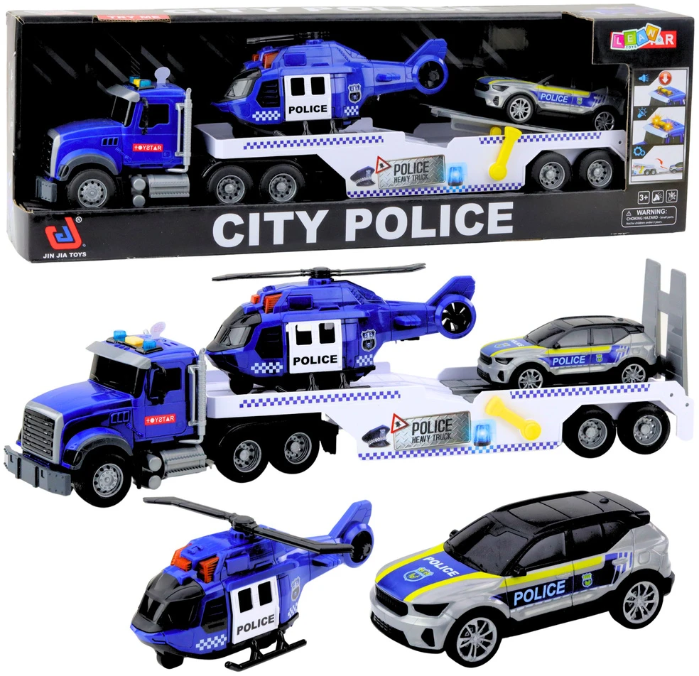 Lean Toys Policijos sunkvežimis su sraigtasparniu ir automobiliu, 53 cm