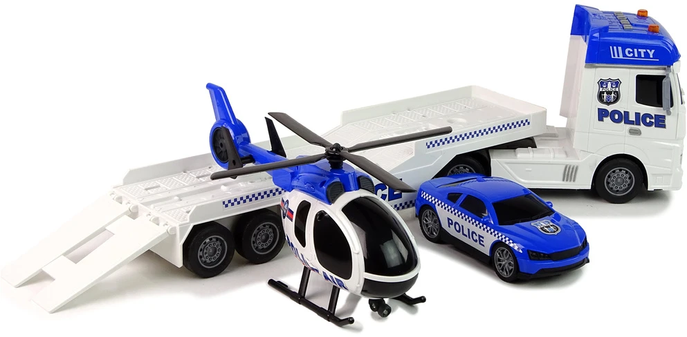Lean Cars Policijos rinkinys su vilkiku, automobiliu ir sraigtasparniu