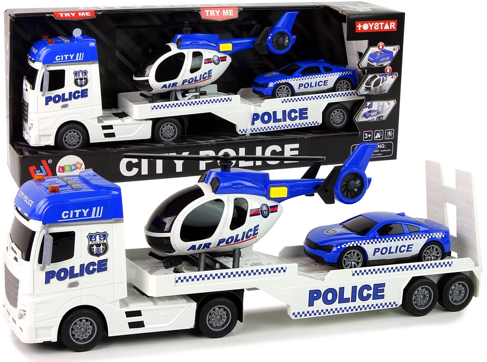 Lean Cars Policijos rinkinys su vilkiku, automobiliu ir sraigtasparniu