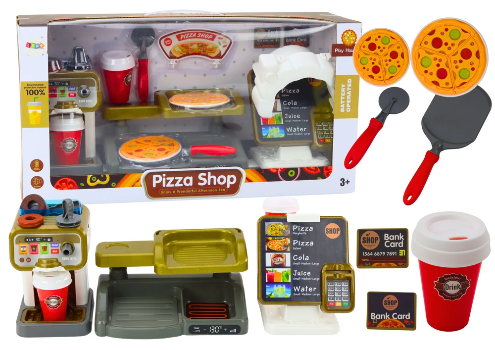 Lean Toys Vaikų žaidimų rinkinys „Picerija“ su kasa ir kavos aparatu