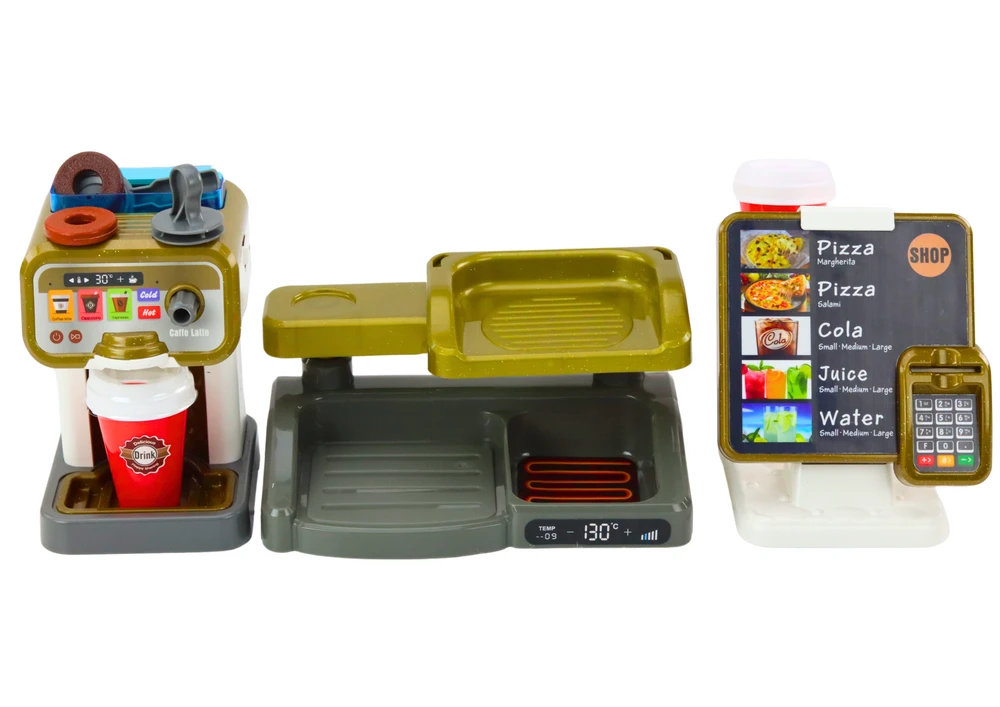 Lean Toys Vaikų žaidimų rinkinys „Picerija“ su kasa ir kavos aparatu