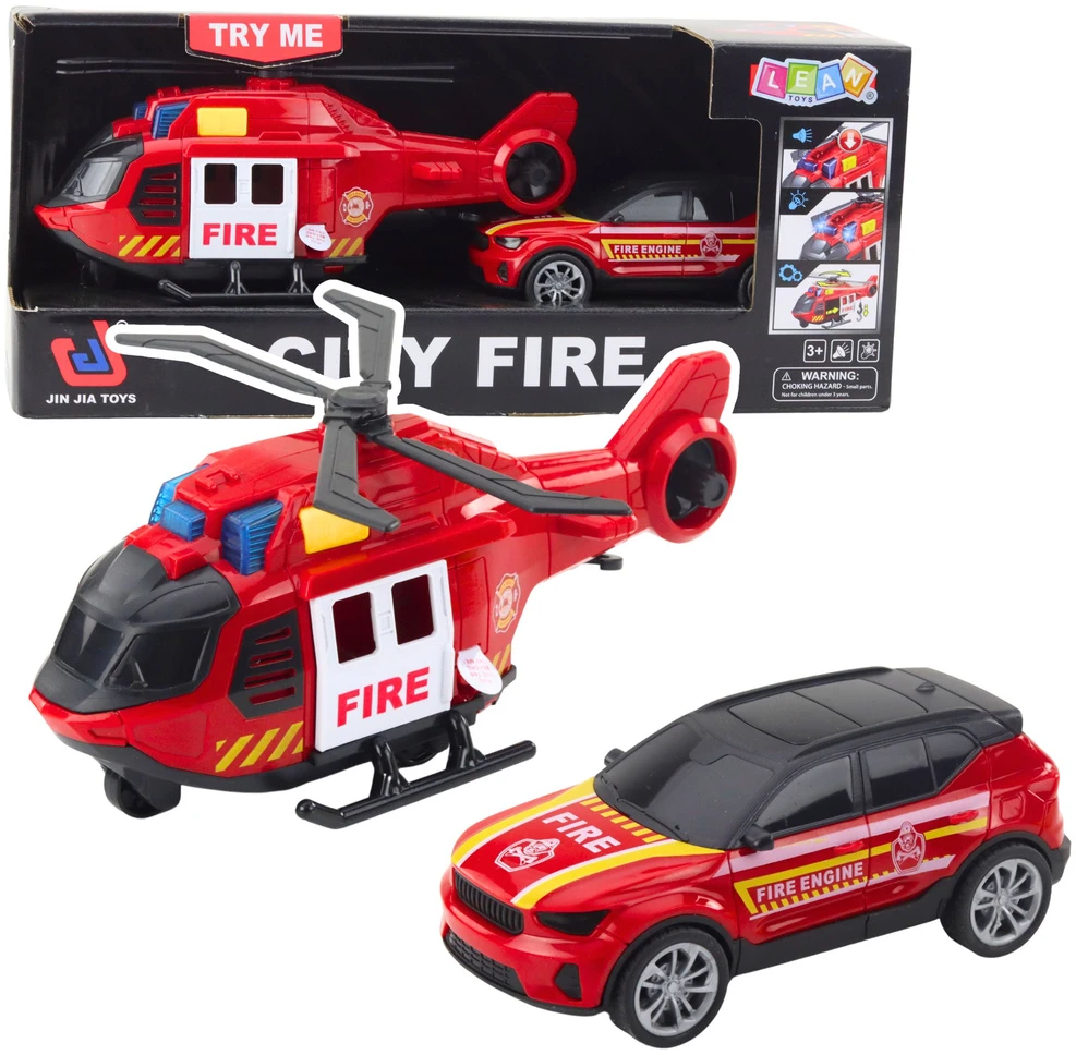 Lean Toys Gaisrinės sraigtasparnis ir automobilis su šviesomis ir garsu