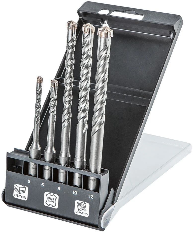 Zestaw Rinkinys SDS Plus betono grąžtų rinkinys, quatro, 5 vnt. rinkinys - 5, 6 x 110 mm + 8, 10, 12 x 160 mm