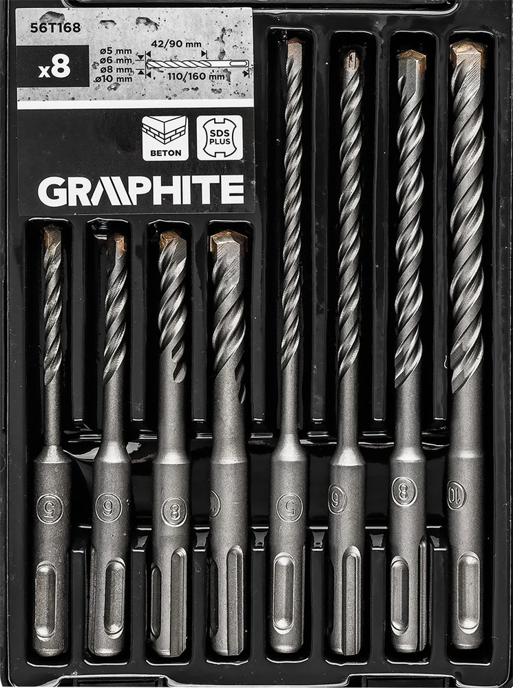 Grąžtas Graphite Rinkinys SDS Plus dvigubų spiralinių betono grąžtų rinkinys: 5, 6, 8, 10 x 110 mm, 5, 6, 8, 10 x 160 mm