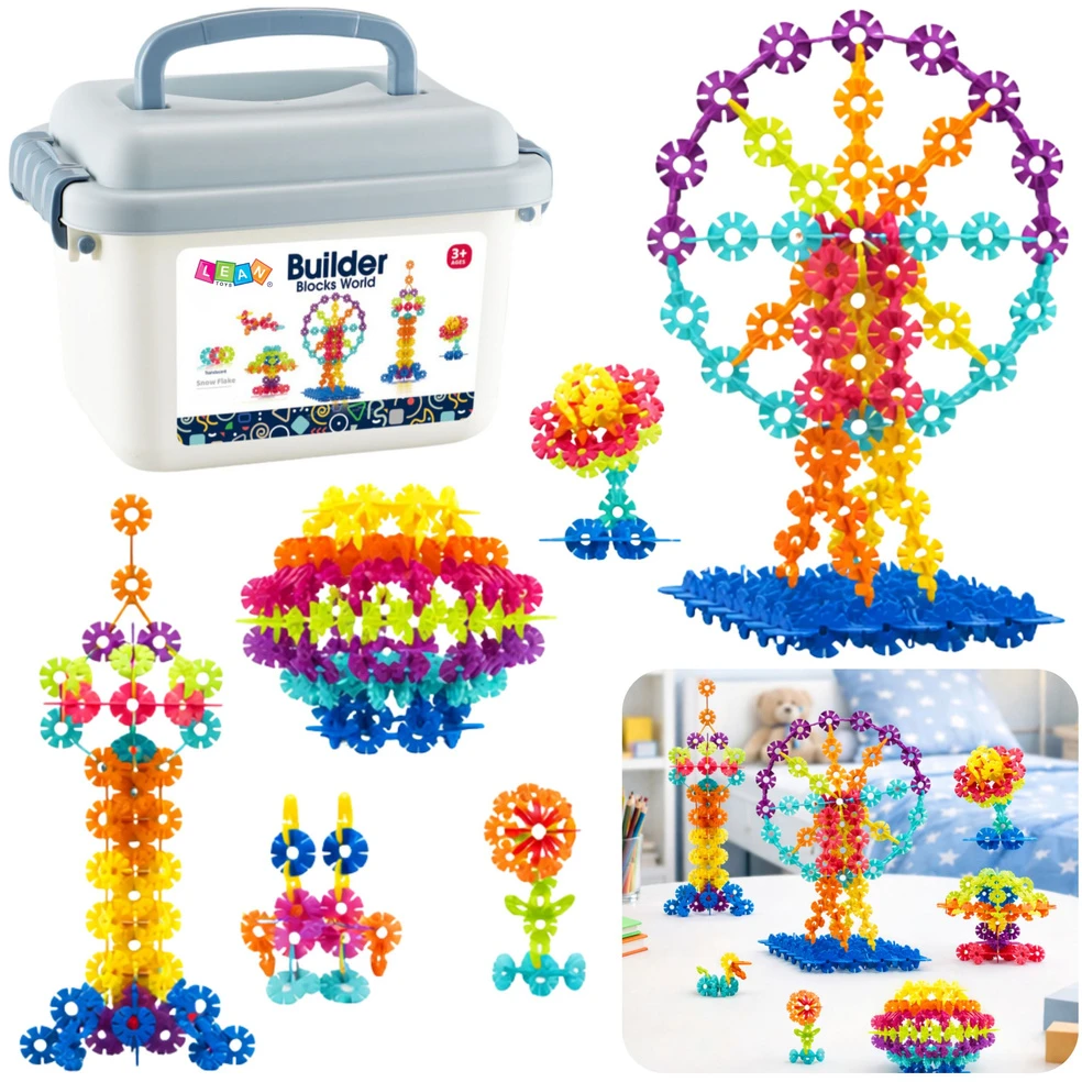 Lean Toys KALADĖLIŲ RINKINYS „SNIEGO ŽVAIGŽDĖS“ SU LAGAMINĖLIU, 140 DETALIŲ