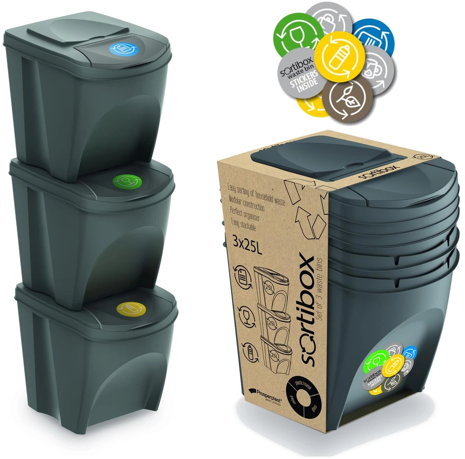 Prosperplast Sortibox pilkos spalvos šiukšlių dėžių rinkinys 3x25L