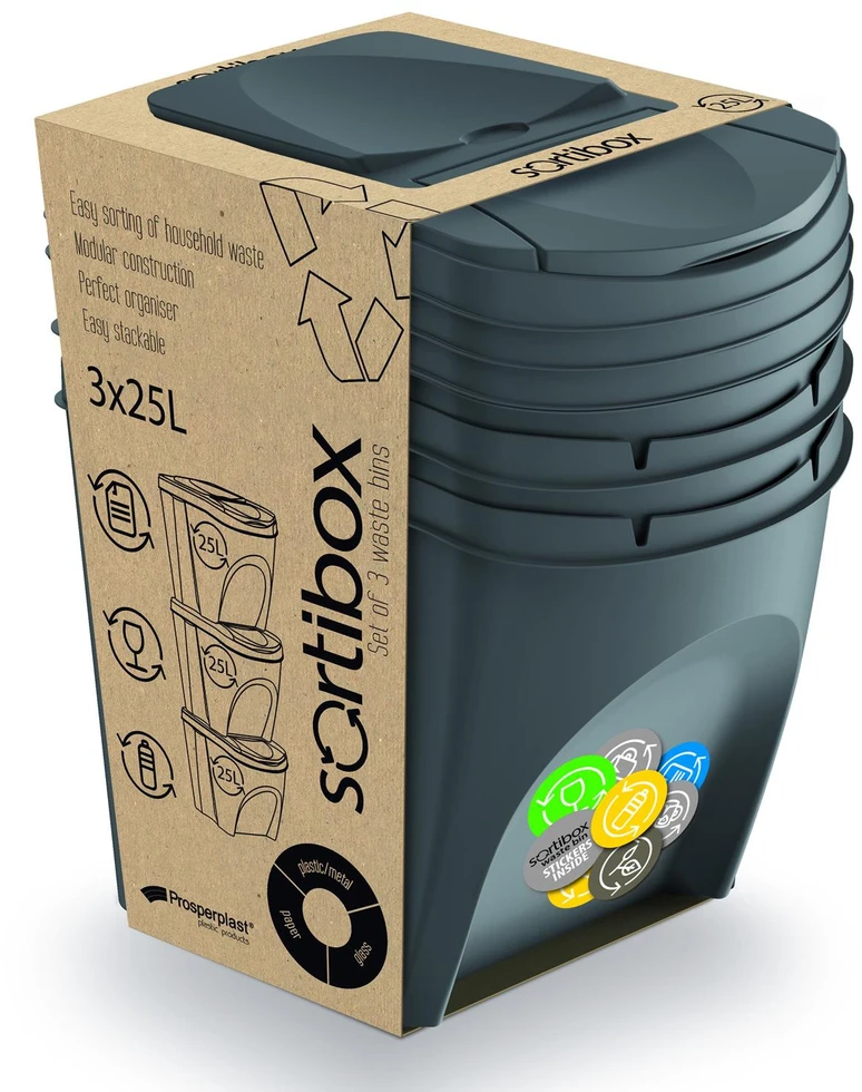 Prosperplast Sortibox pilkos spalvos šiukšlių dėžių rinkinys 3x25L