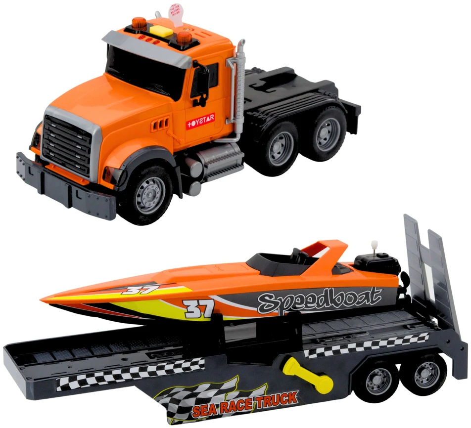 Lean Toys Žaislinis sunkvežimis su motorine valtimi ir šviesos bei garso efektais