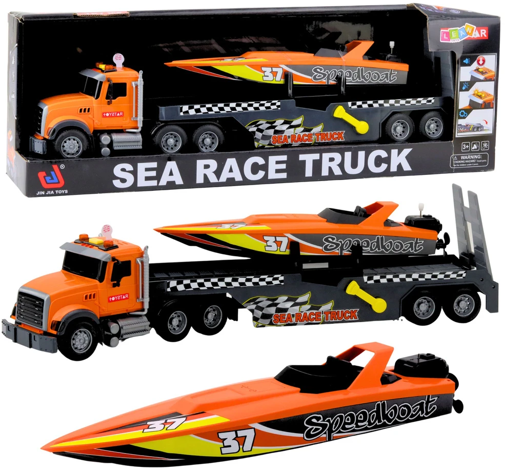 Lean Toys Žaislinis sunkvežimis su motorine valtimi ir šviesos bei garso efektais