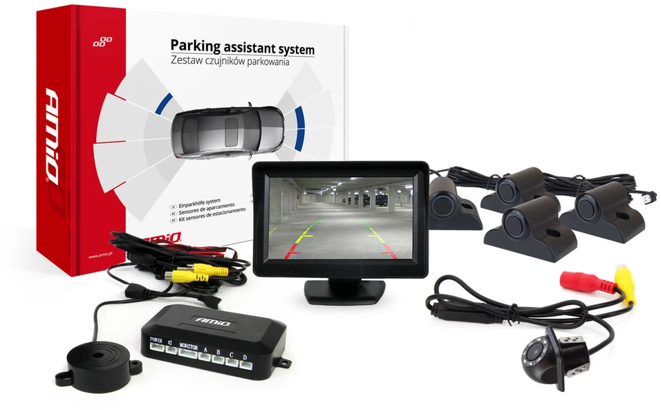 Amio Parkavimo pagalbos sistema TFT01 4,3" su HD-305-LED kamera, 4 juodi jutikliai, sunkvežimiams