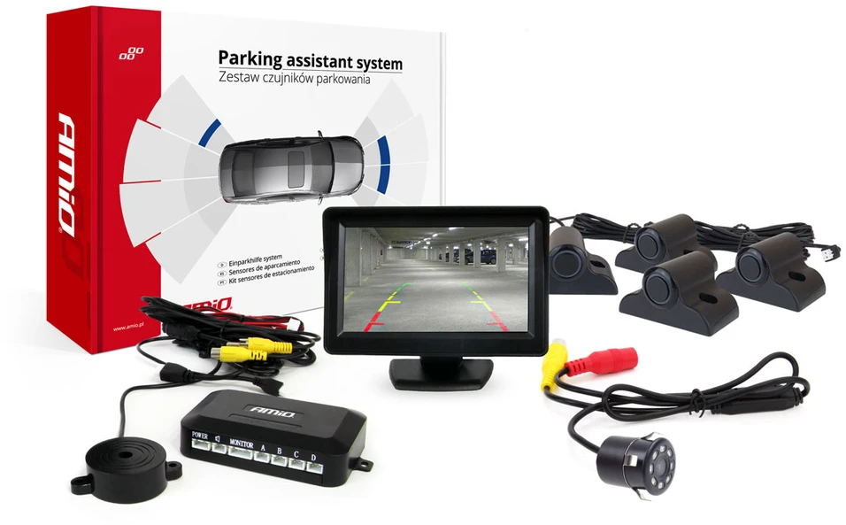 Amio Parkavimo pagalbos sistema TFT01 4,3" su HD-307-IR kamera, 4 juodi jutikliai, sunkvežimiams