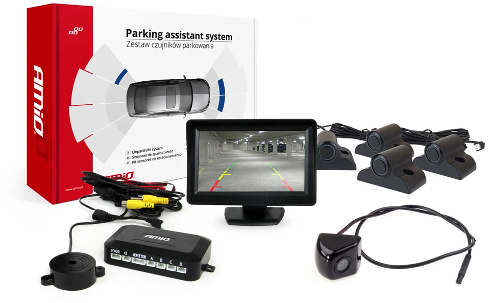 Amio Parkavimo pagalbos sistema TFT01 4,3" su HD-310 kamera, 4 juodi jutikliai, sunkvežimiams