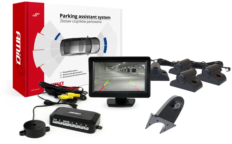 Amio Parkavimo pagalbos sistema TFT01 4,3" su HD-502-IR kamera, 4 juodi jutikliai, sunkvežimiams