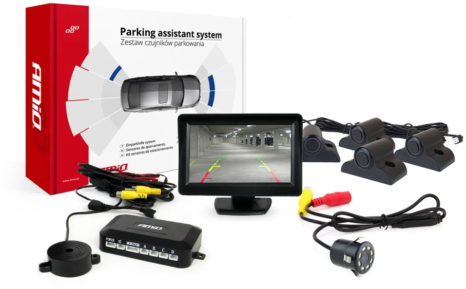 Amio Parkavimo pagalbos sistema TFT01 4,3" su HD-308-LED kamera, 4 juodi jutikliai, sunkvežimiams