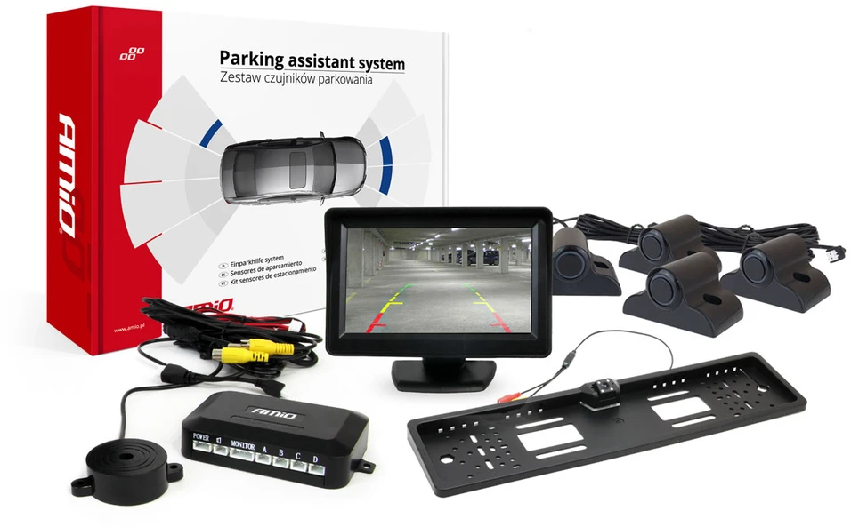 Amio Parkavimo pagalbos sistema TFT01 4,3" su HD-402-LED kamera, 4 juodi jutikliai, sunkvežimiams
