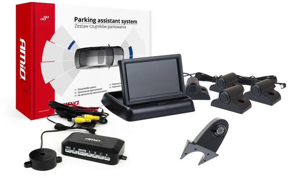 Amio Parkavimo pagalbos sistema FT02 4,3" su HD-502-IR kamera, 4 juodi jutikliai, sunkvežimiams