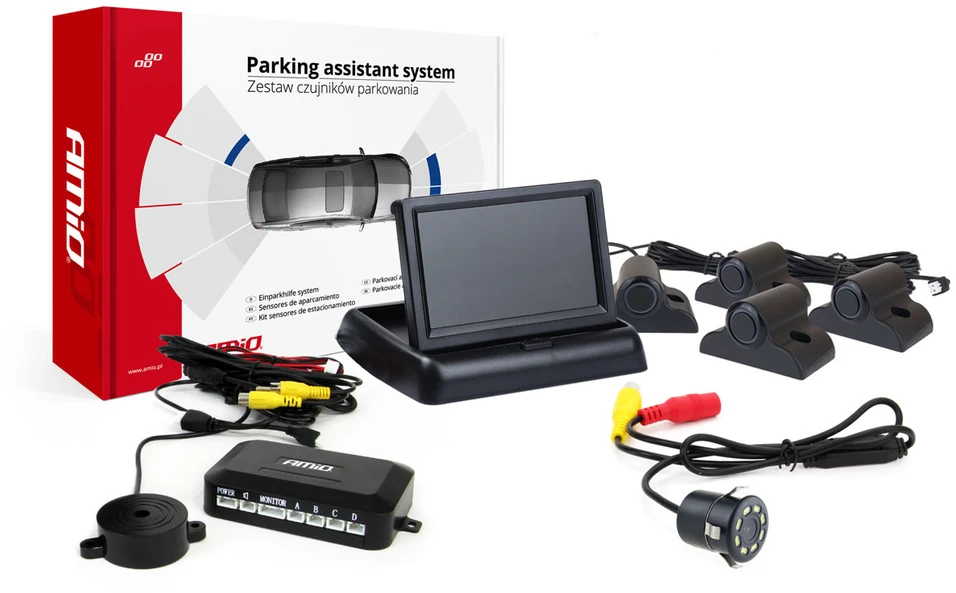 Amio Parkavimo pagalbos sistema TFT02 4,3" su HD-308-LED kamera, 4 juodi jutikliai, sunkvežimiams