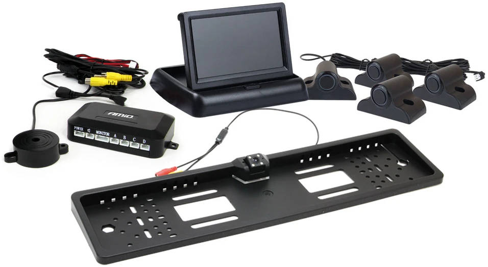 Amio Parkavimo pagalbos sistema TFT02 4,3" su HD-402-LED kamera, 4 juodi jutikliai, sunkvežimiams