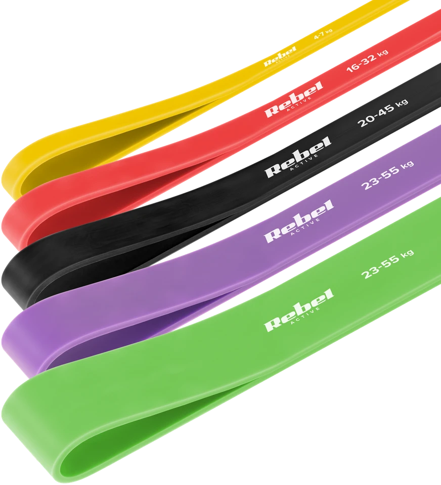 TPE mankštos juostų rinkinys - Power Band PTs-1, 4-55 kg, 5 TPE juostos, REBEL ACTIVE