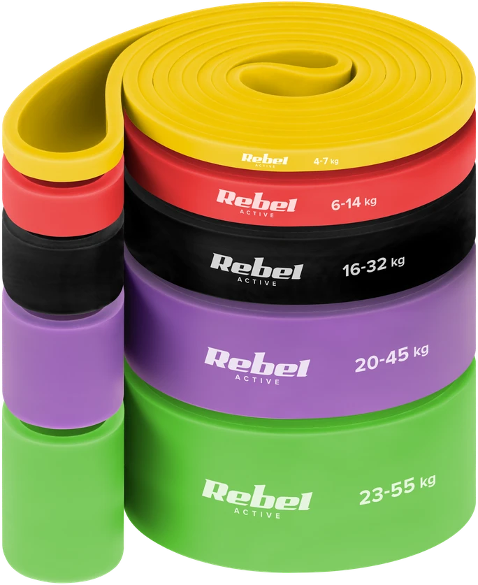 TPE mankštos juostų rinkinys - Power Band PTs-1, 4-55 kg, 5 TPE juostos, REBEL ACTIVE