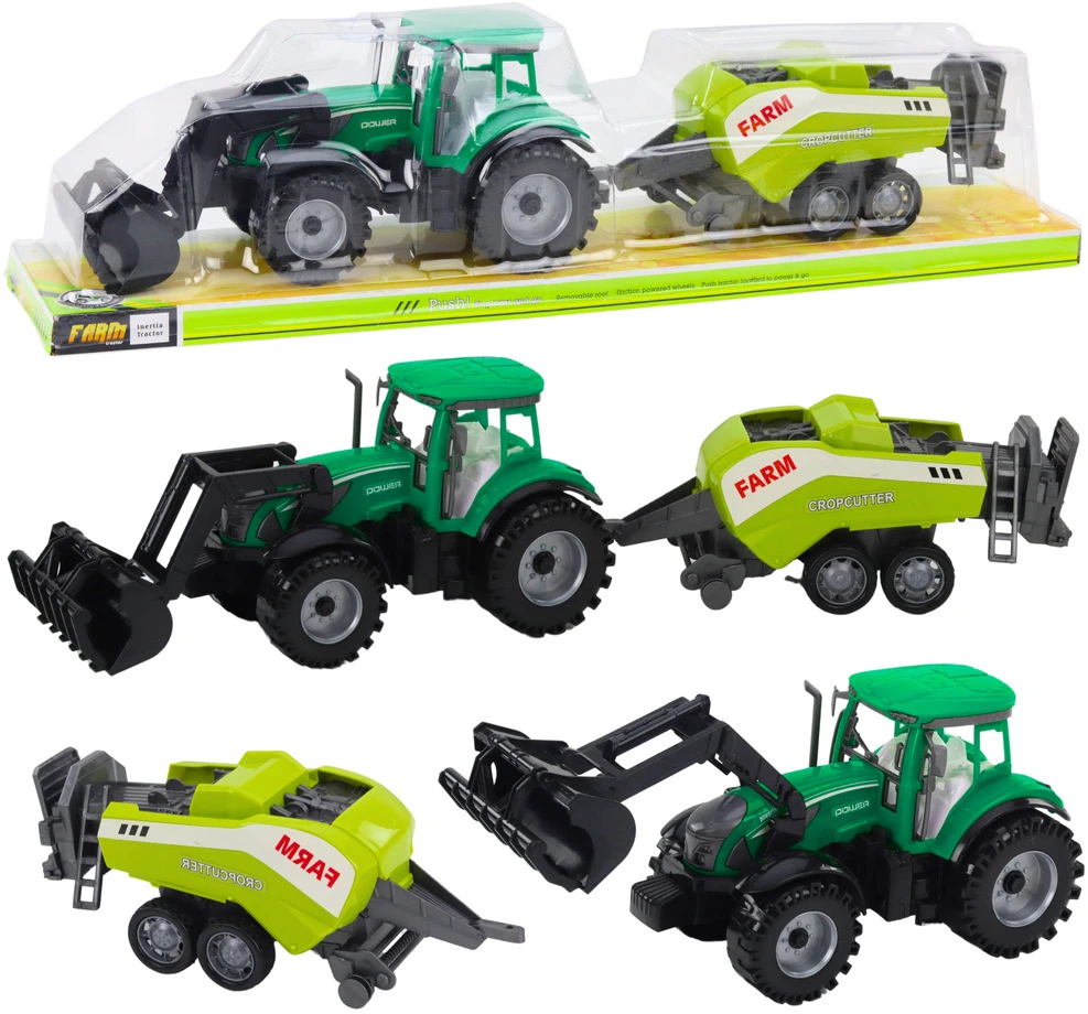 Lean Toys Žalias traktorius su krautuvu ir presu vaikams