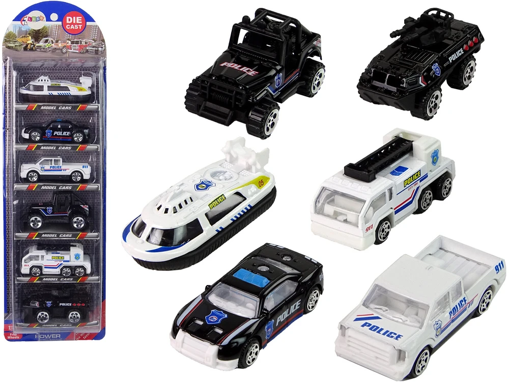 Lean Toys Resorako policijos transporto priemonių rinkinys LeanToys, 6 vnt, 1:64