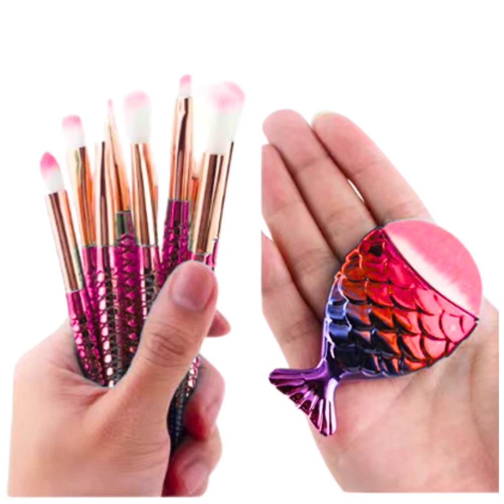 Lean Kosmetinių šepetėlių rinkinys su undinėlės formos rankenomis, 11 vnt., vaivorykštės spalvos