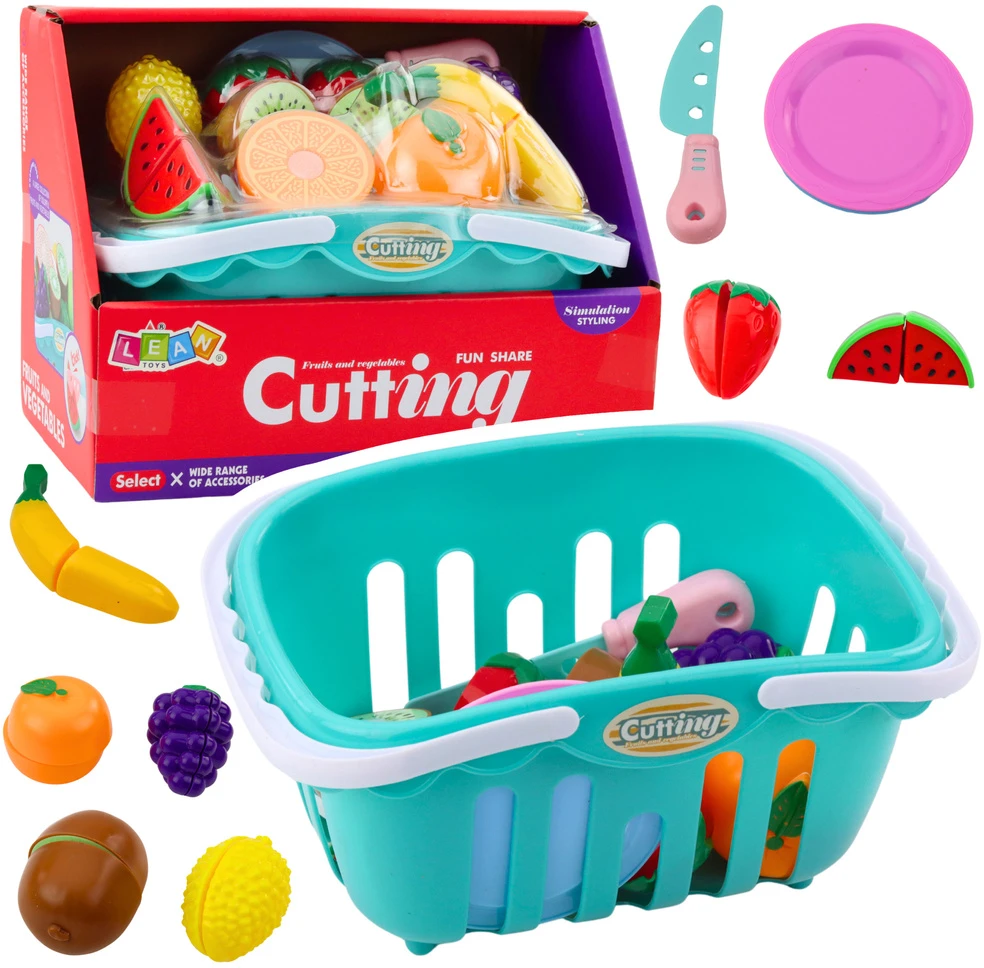Lean Toys Pjaustomi vaisiai su lipukais ir pirkinių krepšelis vaikams